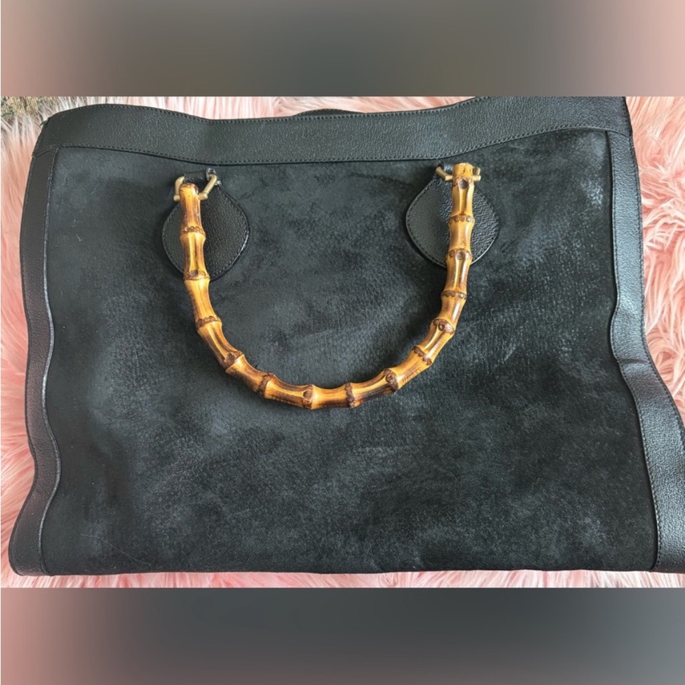 Gucci Black Suede Tote with Bamboo Handle Tom Ford Era